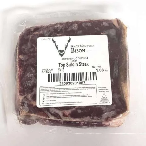 Bison top-sirloin steak in vacuum-sealed freezer pack