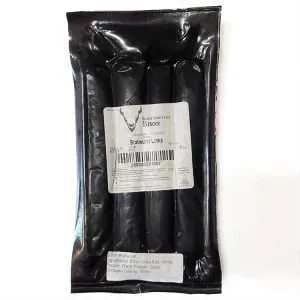 A package of bison bratwurst sausages on a white surface.